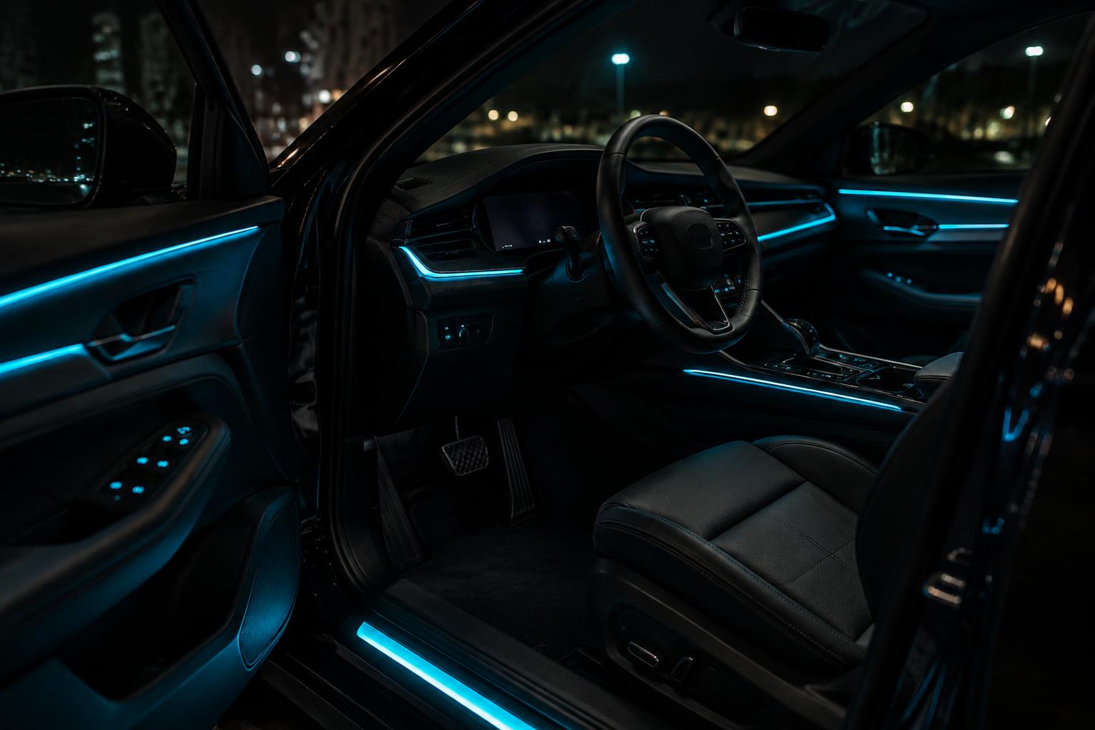 Éclairage d'ambiance LED bleu cyan sur le tableau de bord, les portes et les seuils d'une voiture