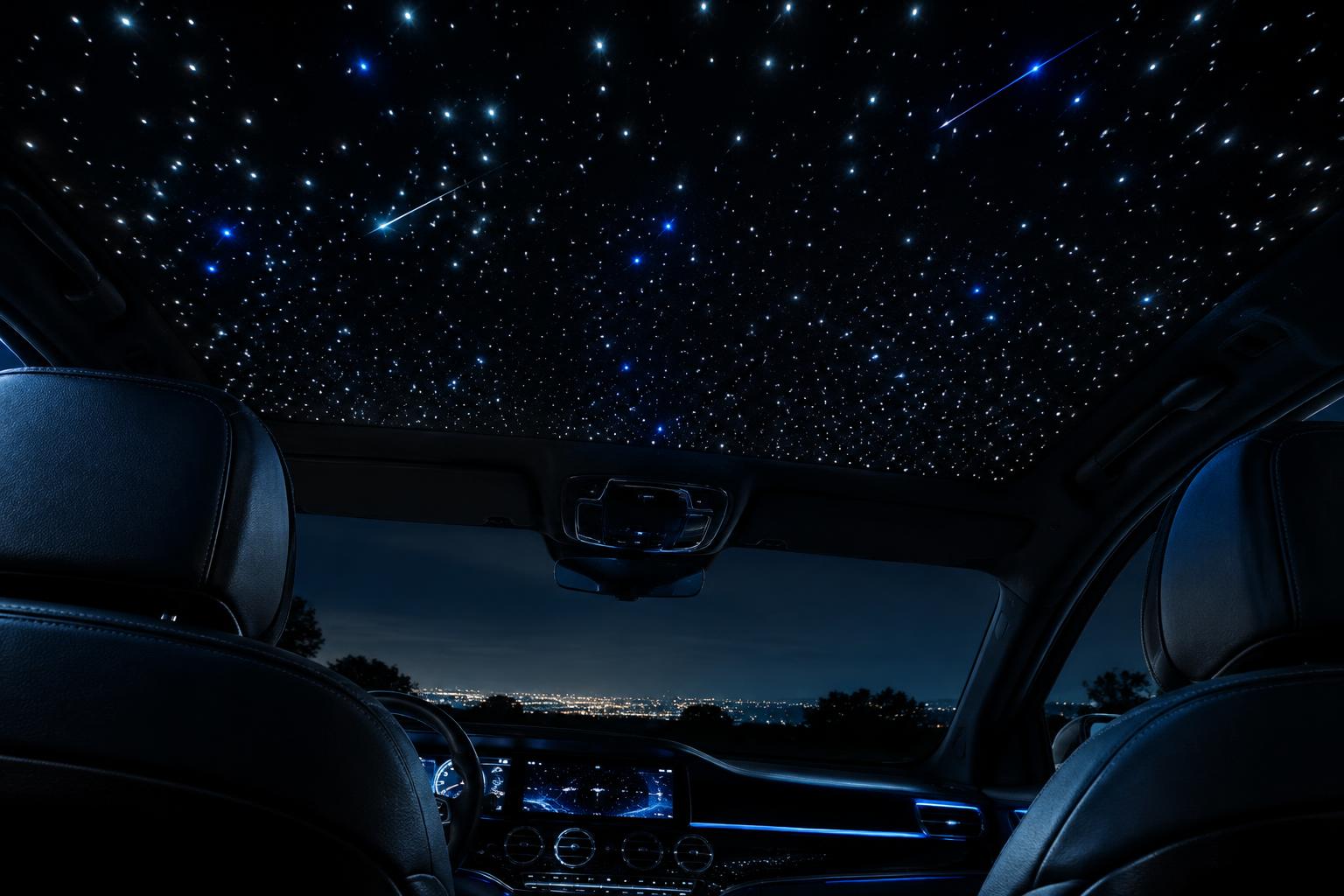 Ciel de toit étoilé en fibre optique dans l'habitacle d'une berline de luxe la nuit